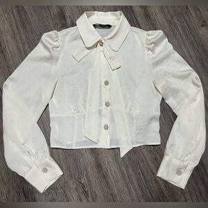 Zara Off White Satin Bow Tie Collard Pearl Buttons Puff Shoulder Blouse Top